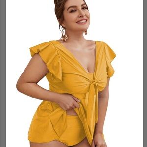 MakeMeChic Women's Plus Size Tankini Swimsuit Ruffle Sleeve Two Piece Yellow 0XL